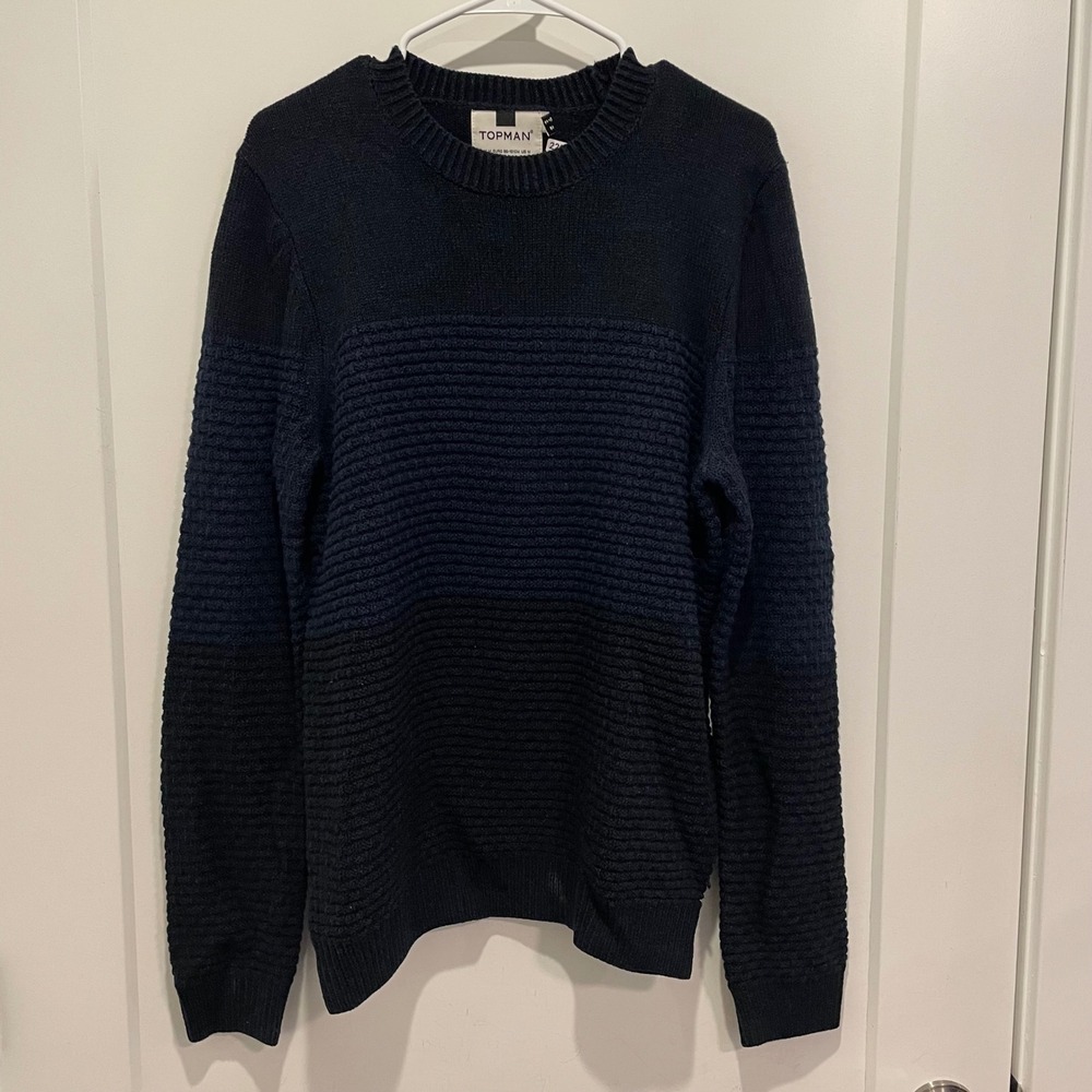 Topman Mens Navy Blue Black Color Block Textured Ribbed Crew Neck Sweater Size M